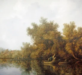 A River Landscape with Fishermen in Rowing Boats Lifting a Catch (óleo no painel)