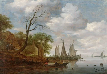 Cena de rio com barcos à vela a descarregar na margem (óleo sobre painel)