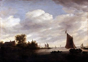 Estuário do rio com embarcações à vela (óleo sobre painel)