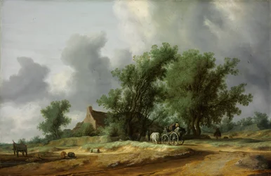 Estrada nas Dunas com um carro - Peinture de Salomon Jacobsz van Ruisdael(1600/3-1670) - 1631 - Óleo sobre madeira - 56x86,4 - Szepmuveszeti Muzeum, Budapeste