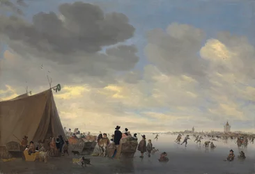 Patinadores no rio congelado Lek, a cidade de Vianen além, 1653