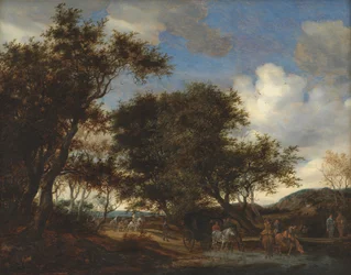Paisagem com viajantes regando seus cavalos