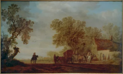 Estrada rural com taberna e viajantes