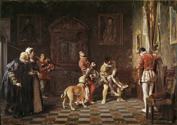 “" Regresso do torneio "" Um jovem cavaleiro magoa é trazido de volta ao palácio, apoiado por duas páginas. Pintura de Salvador Martinez Cubells (1845-1914) 1881 Valencia. Museu de Bellas Artes San Pio