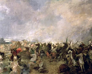 A Batalha de Guadalete, pormenor da fuga dos Godos do comando do rei Rodrigo na presença da cavalaria muçulmana de Tarik Ibn Ziyad, 711 d.C. (pormenor)