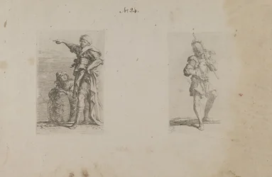 (Série Figurinhas) Dois homens, um apontando para a esquerda, outro ajoelhado
