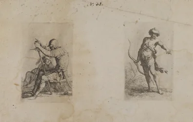 (Série de estatuetas) Dois homens sentados, cada um com uma arma