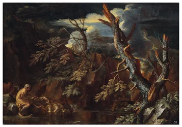 Uma paisagem rochosa e arborizada com Jacob a dar de beber ao rebanho de Labão, c.1615-73 (óleo sobre tela)