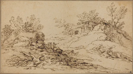 Paisagem rochosa com casa rústica