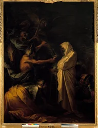 A sombra de Samuel aparecendo a Saul junto da feiticeira de Endor, cerca de 1668. Dimensões 2,73 x 1,93 m