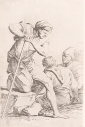 Dois homens sentados e outro homem segurando um cajado ajoelhado sobre uma rocha, da seri..., ca. 1656-1657.
