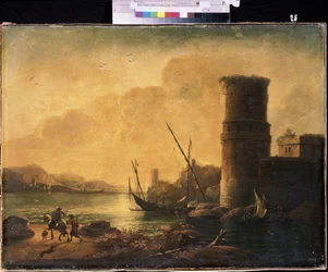 Uma paisagem marítima. Pintura por Salvator (Salvatore) Rosa (1615-1673), óleo sobre tela, arte italiana (Nápoles), arte barroca. M.Kroshitsky Art Museum, Sebastopol (Ucrânia).