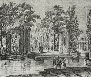 Anfiteatro na ilha de Lazienki Park, Varsóvia, Polónia, litografia de Salvatore Puglia de Poliorama Pittoresco, n 51, 30 de Julho
