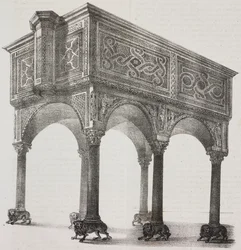 Antigo ambão na catedral de Sessa Aurunca, Campania, Itália, litografia de Salvatore Puglia após desenho de Pasquale Mattei (1813-1879) de Poliorama Pittoresco, n 43, 31 de Maio