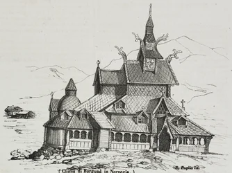 Igreja Borgund Stave, Noruega, litografia de Salvatore Puglia de Poliorama Pittoresco, n 40, 14 de Maio