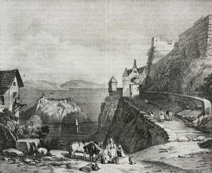 Castelo de Parga, Albânia, litografia de Salvatore Puglia de Poliorama Pittoresco, n 9, 9 de Outubro