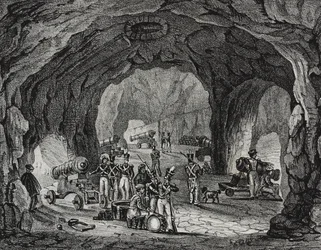 Caverna perto de Rock of Gibraltar, Espanha, litografia de Salvatore Puglia de Poliorama Pittoresco, n 20, 24 de Dezembro