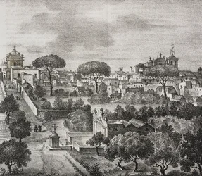 Vista leste de Mesagne, Apúlia, Itália, litografia de Salvatore Puglia de Poliorama Pittoresco, n 45, 15 de Junho