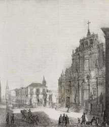 Fachada da Basílica de San Sebastiano em Acireale, Sicília, Itália, litografia de Salvatore Puglia de Poliorama Pittoresco, n 39, 3 de Maio