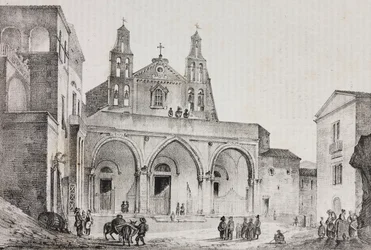 Fachada da Catedral de Sessa Aurunca, Campania, Itália, litografia de Salvatore Puglia após desenho de Pasquale Mattei (1813-1879) de Poliorama Pittoresco, n 42, 24 de Maio