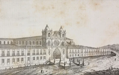 Fachada do mosteiro de Alcobaça, Portugal, litografia de Salvatore Puglia de Poliorama Pittoresco, n 50, 19 de Julho