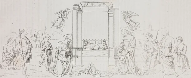 Fontignano Natividade, Adoração dos Pastores, litografia de Salvatore Puglia após pintura de Pietro Perugino (cerca de 1450-1523) de Poliorama Pittoresco, n 42, 24 de Maio
