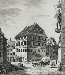 Casa de Albrecht Durer (1471-1528) em Nuremberga, Alemanha, litografia de Salvatore Puglia de Poliorama Pittoresco, n 31, 12 de Março
