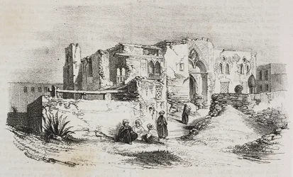 Casa onde Louis IX foi preso em Mansura, Egipto, litografia de Salvatore Puglia de Poliorama Pittoresco, n 9, 5 de Outubro
