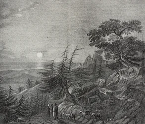 Paisagem da floresta de Cedros no Monte Líbano, perto de Beirute, Líbano, litografia de Salvatore Puglia de Poliorama Pittoresco, n 11, 22 de Outubro