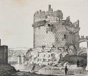 Mausoléu de Cecilia Metella na Via Appia, Roma, Lazio, Itália, litografia de Salvatore Puglia de Poliorama Pittoresco, n 20, 21 de Dezembro