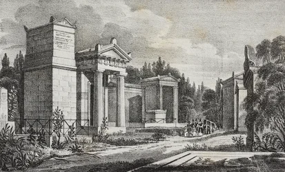 Cemitério Pere-Lachaise, Paris, França, litografia de Salvatore Puglia de Poliorama Pittoresco, n 19, 17 de Dezembro