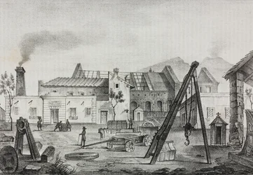 Reale Opificio meccanico (Real Fábrica Mecânica) em Pietrarsa, Campania, Itália, litografia de Gaetano Riccio de Poliorama Pittoresco, n 39, 7 de Maio