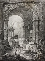 Ruínas romanas, pintura de Hubert Robert (1733-1808), litografia de Salvatore Puglia de Poliorama Pittoresco, n 28, 17 de Fevereiro