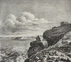 Tumba para François-Rene de Chateaubriand em Saint-Malo, França, litografia de Gaetano Riccio de Poliorama Pittoresco, n 32, 18 de Março