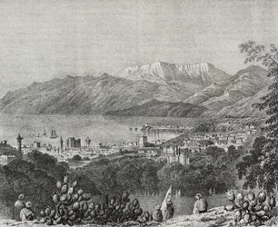 Vista da Serra de Beirute e do Monte Líbano, Líbano, litografia de Salvatore Puglia de Poliorama Pittoresco, n 8, 1 de Outubro