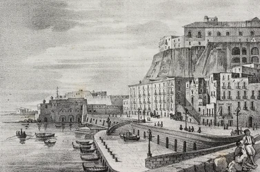 Vista de Borgo Santa Lucia, Nápoles, Campania, Itália, litografia de Salvatore Puglia de Poliorama Pittoresco, n 36, 15 de Abril