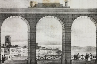 Vista de Chieti da Piazza Grande, Itália, litografia de Salvatore Puglia de Poliorama Pittoresco, n 2, 21 de Agosto