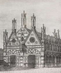 Vista da Igreja de Santa Maria della Spina em Pisa, Toscana, Itália, litografia de Salvatore Puglia de Poliorama Pittoresco, n 34, 29 de Março