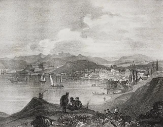 Vista de Corfu do Monte Oliveto, Ilhas Jónicas, Grécia, litografia de Salvatore Puglia de Poliorama Pittoresco, n 25, 25 de Janeiro