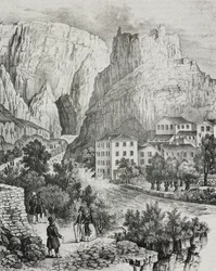 Vista de Fontaine-de-Vaucluse, França, litografia de Sardi de Poliorama Pittoresco, n 51, 30 de Julho