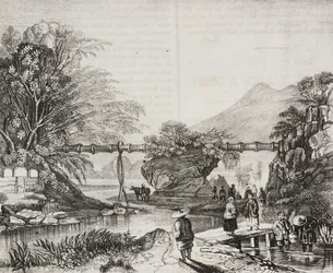 Vista do vale de Hong Kong, China, litografia de Salvatore Puglia de Poliorama Pittoresco, n 14, 9 de Novembro