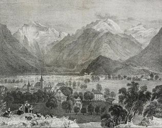 Vista da Interlaken, Suíça, litografia de Salvatore Puglia de Poliorama Pittoresco, n 36, 16 de Abril