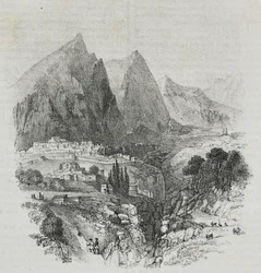 Vista do Monte Parnassus de Delphi, Grécia, litografia de Salvatore Puglia de Poliorama Pittoresco, n 46, 25 de Junho