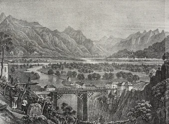 Vista do Vale Ossola de Sempione, Piemonte, Itália, litografia de Salvatore Puglia de Poliorama Pittoresco, n 28, 18 de Fevereiro