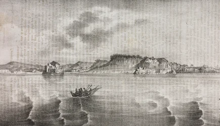 Vista de Posillipo da estrada de Coroglio, Campania, Itália, litografia de Salvatore Puglia de Poliorama Pittoresco, n 30, 2 de Março