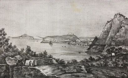 Vista de Posillipo do terraço do monsenhor Di Pietro, Campania, Itália, litografia de Salvatore Puglia de Poliorama Pittoresco, n 32, 16 de Março
