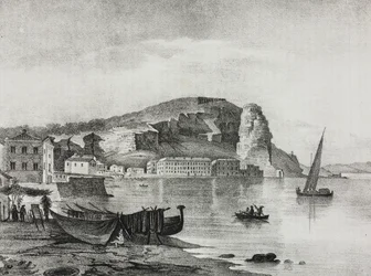Vista de Terracina, Lazio, Itália, litografia de Salvatore Puglia de Poliorama Pittoresco, n 22, 8 de Janeiro