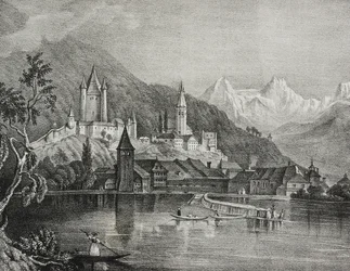 Vista de Thun, Cantão de Berna, Suíça, litografia de Salvatore Puglia de Poliorama Pittoresco, n 35, 9 de Abril
