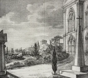 Vista do cemitério do convento gótico, Nápoles, Campânia, Itália, litografia de Salvatore Puglia de Poliorama Pittoresco, n 34, 1 de Abril
