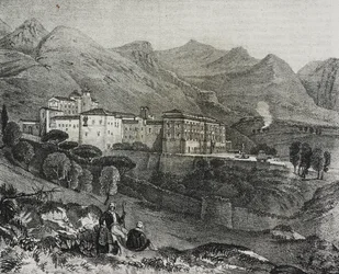 Vista do mosteiro de San Martino delle Scale perto de Palermo, Sicília, Itália, litografia de Salvatore Puglia de Poliorama Pittoresco, n 47, 2 de Julho